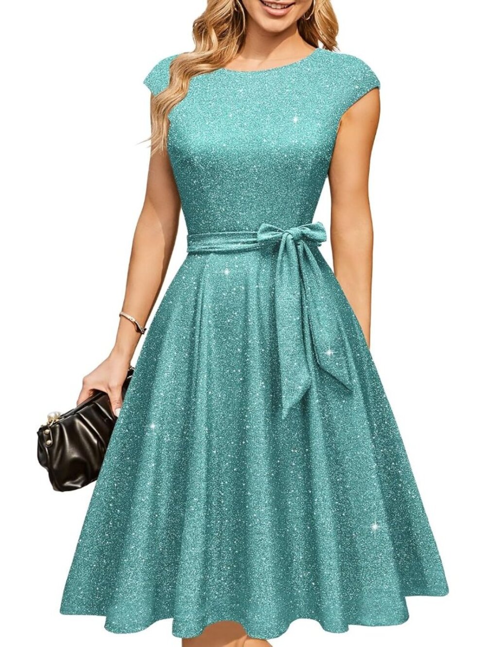 Women's Glitter Light Blue A-line Detachable Belt Formal Wedding Guest Dresses